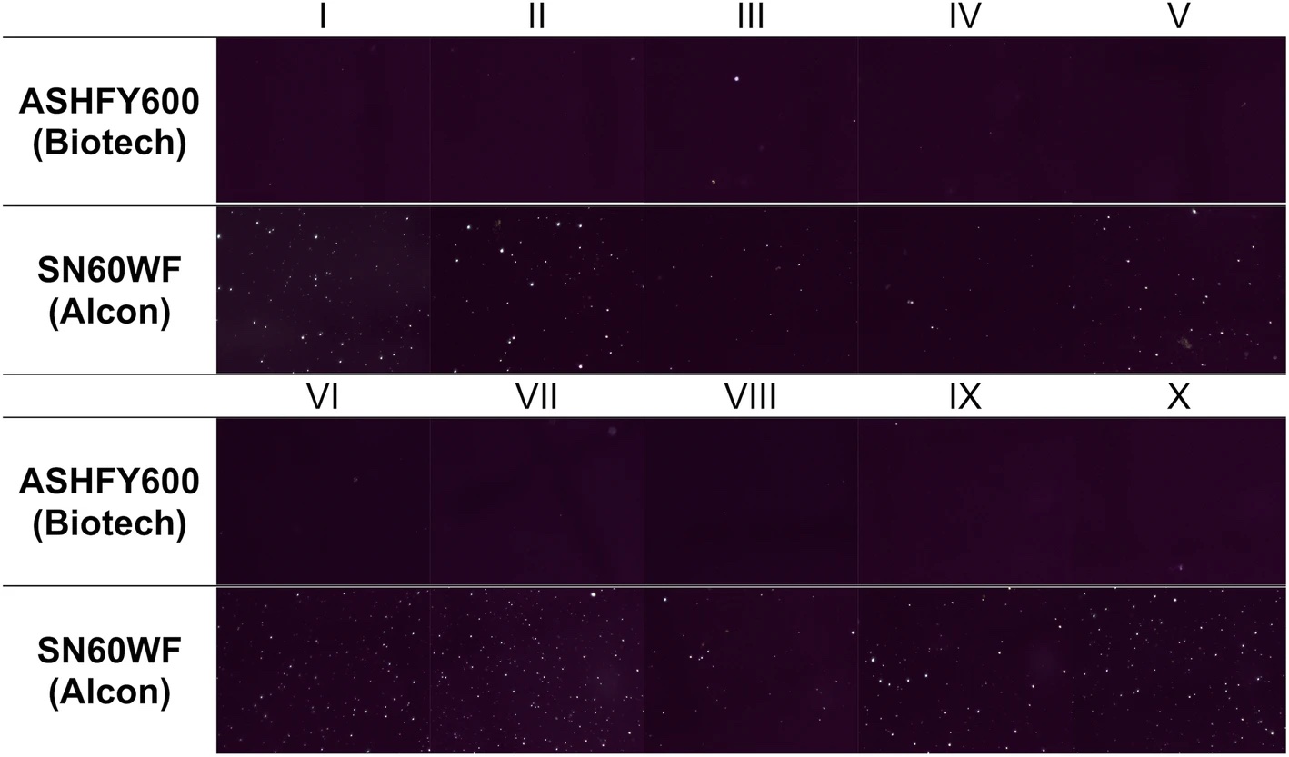 Microscopic images of the central part of all tested IOLs