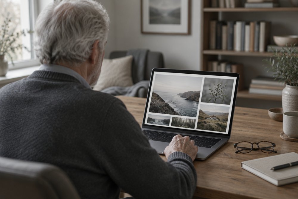 Uomo di spalle che lavora al computer portatile, con gli occhiali da lettura appoggiati sulla scrivania